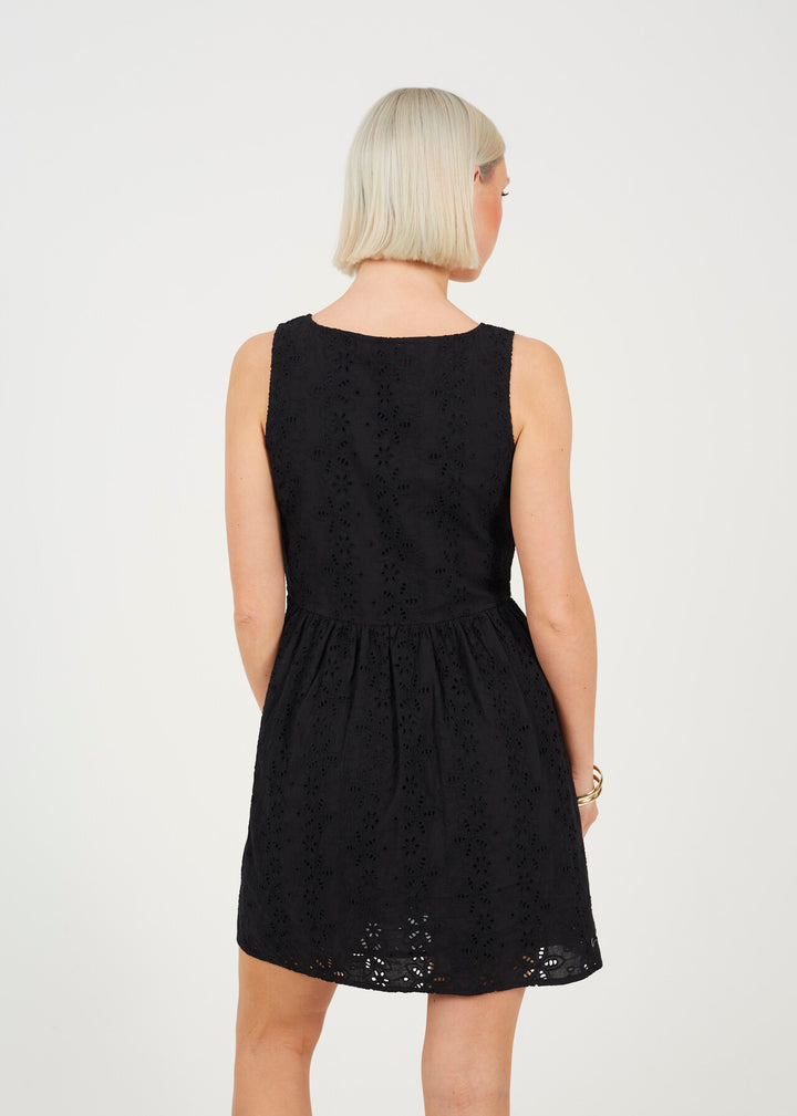 BROIDERIE MINI DRESS, BLACK