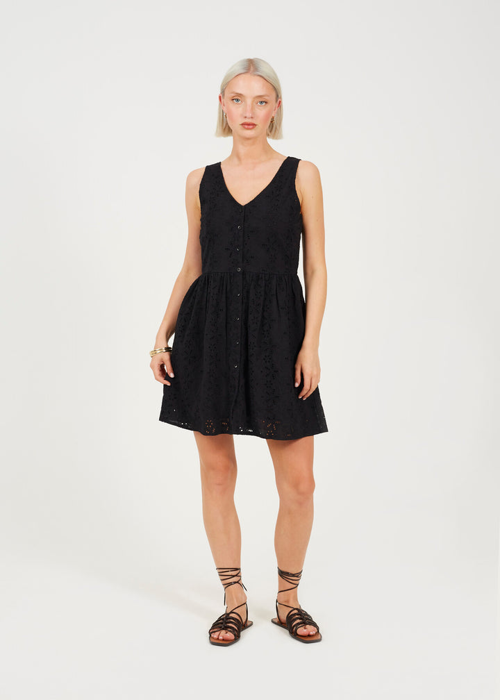 BROIDERIE MINI DRESS, BLACK
