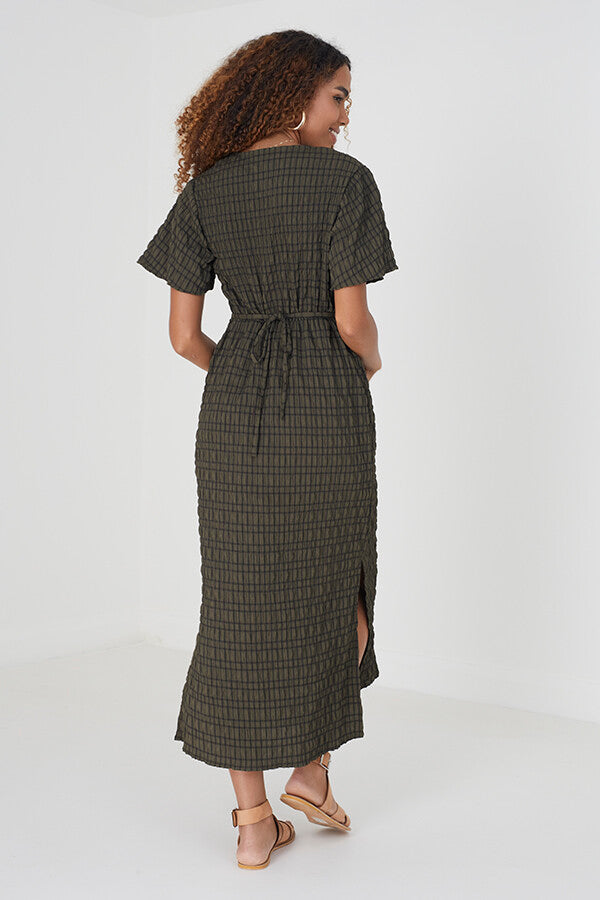 KHAKI/BLACK V-NECK TIE BACK MIDI DRESSS