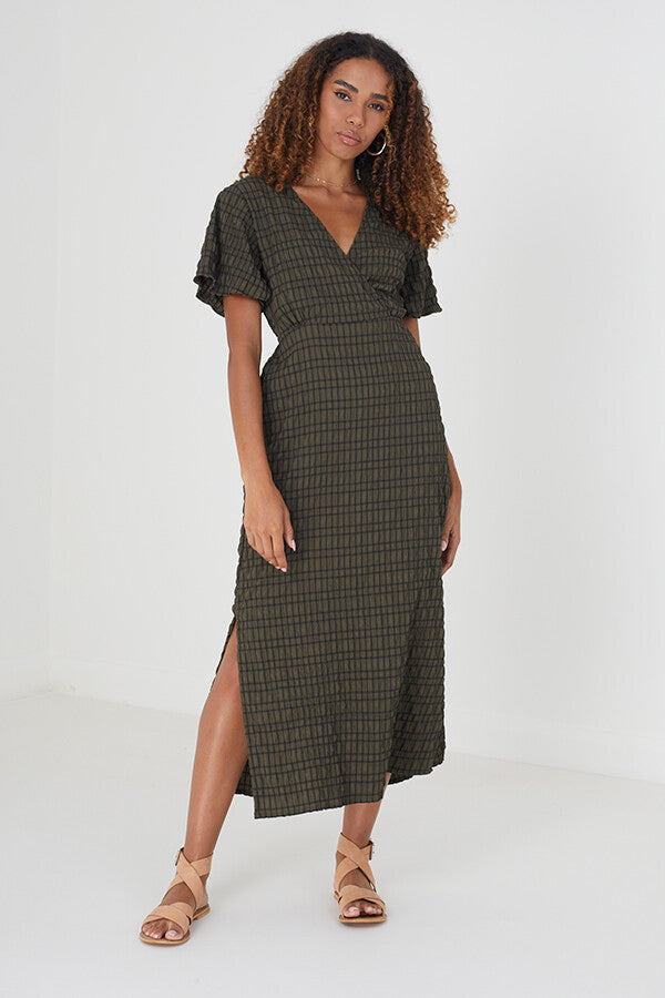 KHAKI/BLACK V-NECK TIE BACK MIDI DRESSS