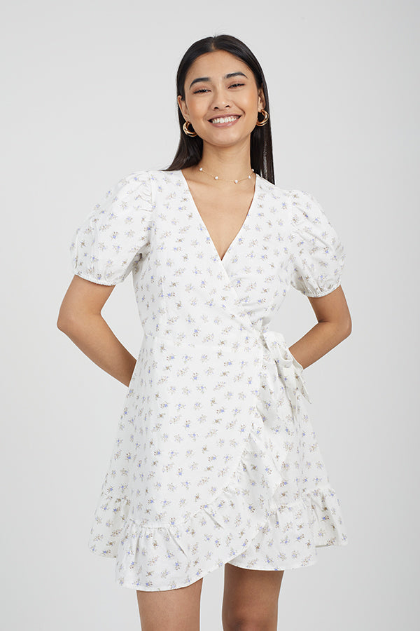 FLORAL WRAP MINI DRESS WITH FRILL HEM