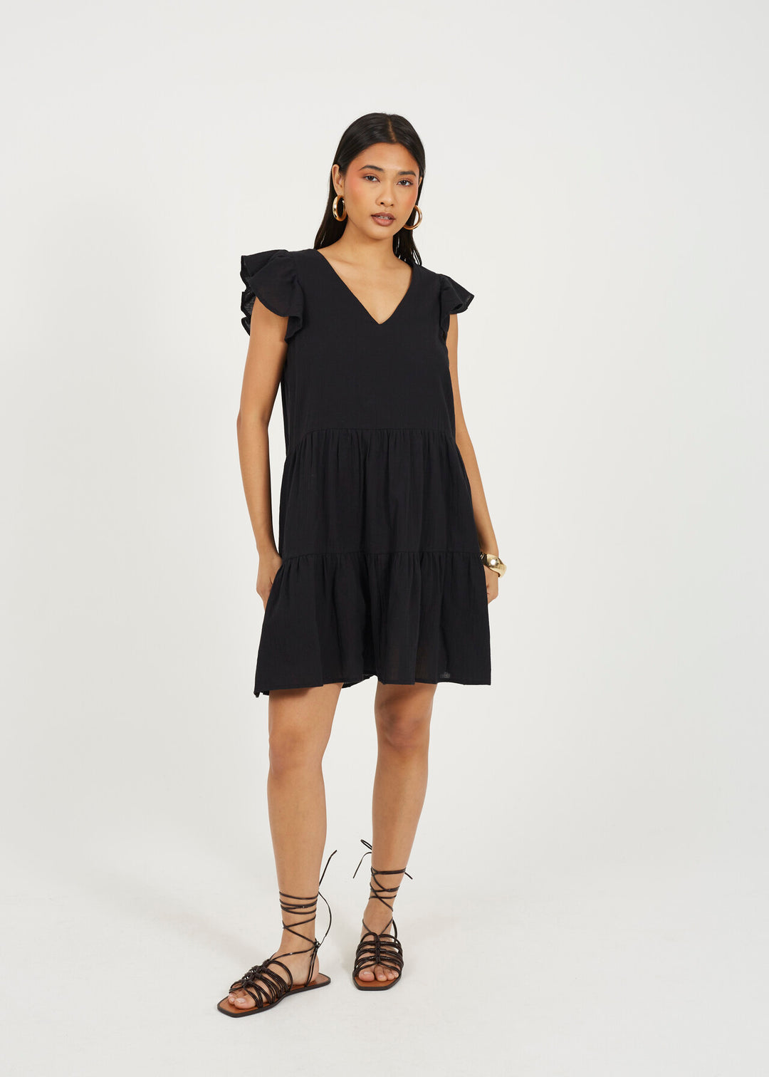 TIERRED MINI FRILL SLEEVE DRESS, BLACK