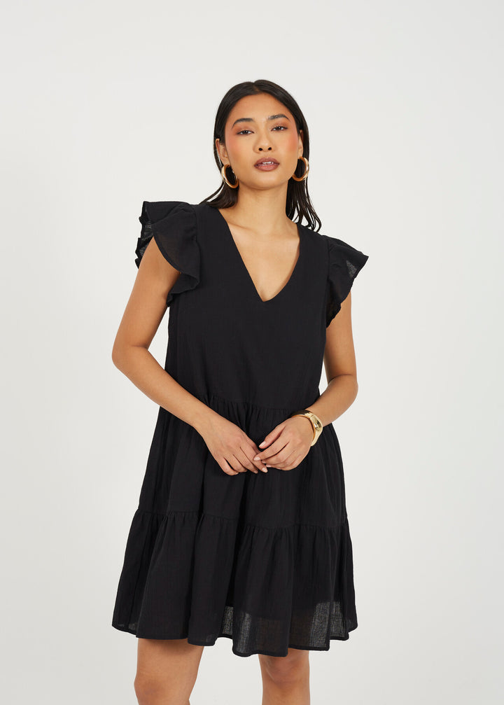 TIERRED MINI FRILL SLEEVE DRESS, BLACK