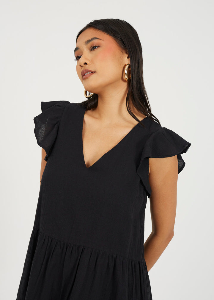 TIERRED MINI FRILL SLEEVE DRESS, BLACK