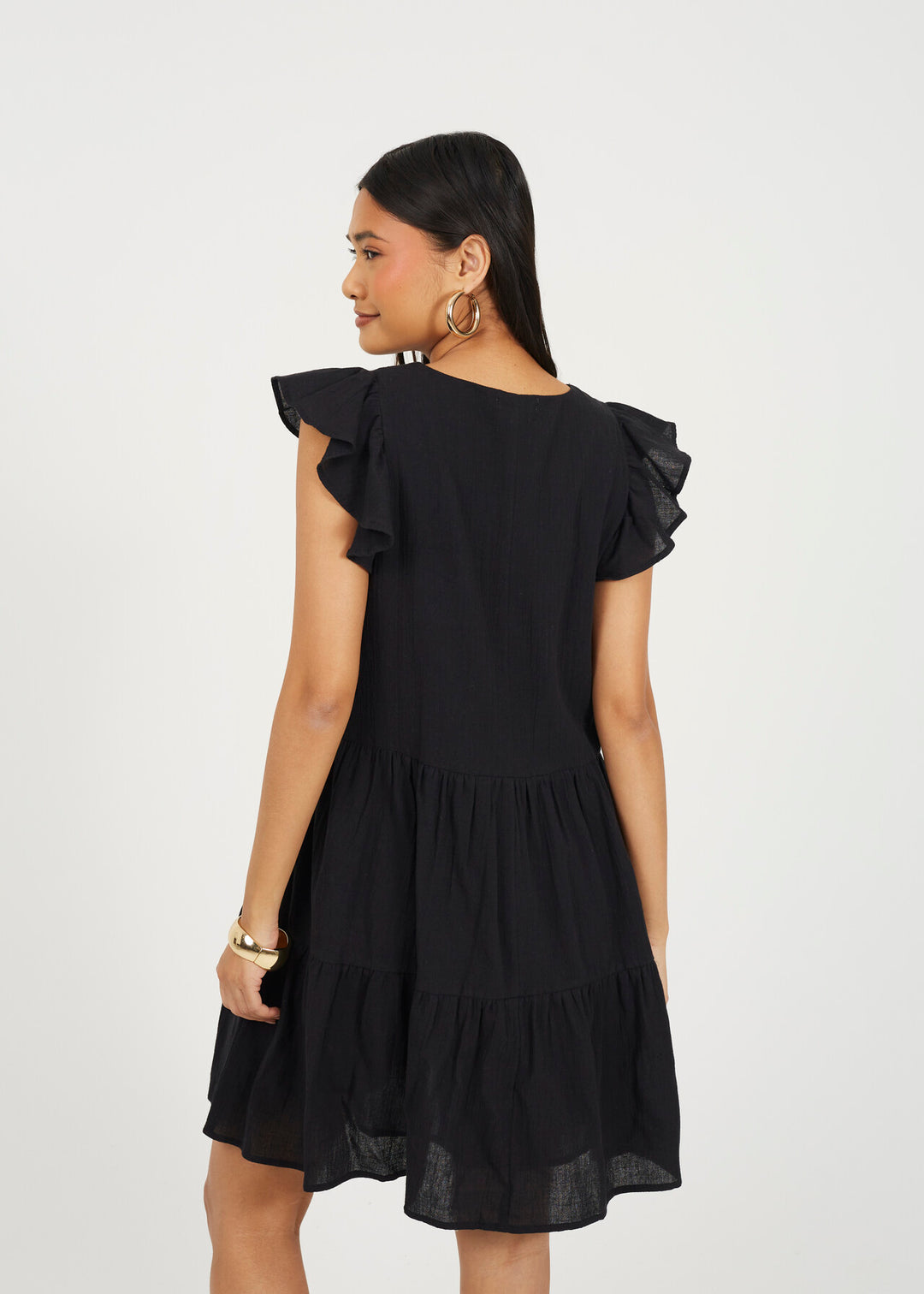 TIERRED MINI FRILL SLEEVE DRESS, BLACK