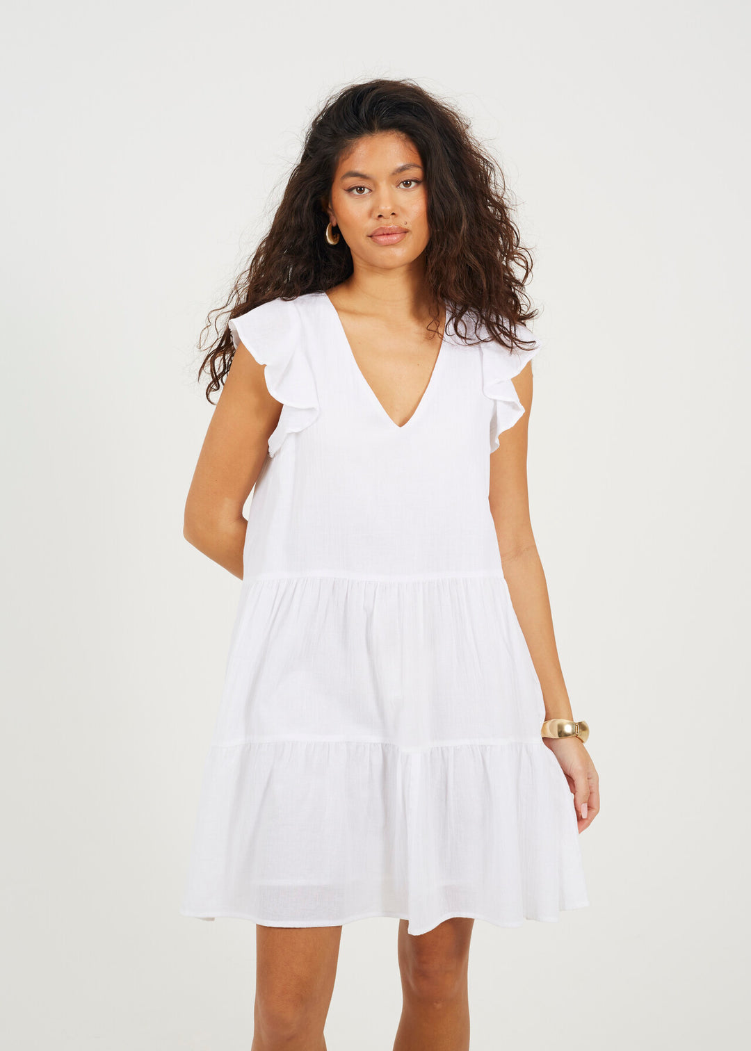 TIERRED MINI FRILL SLEEVE DRESS, WHITE