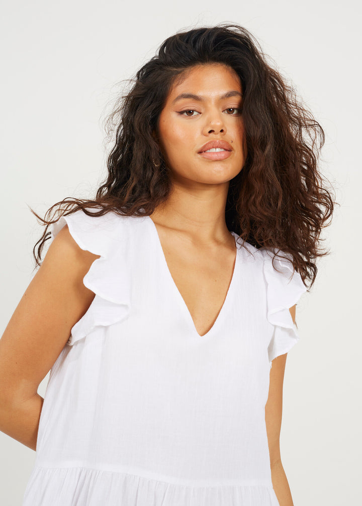TIERRED MINI FRILL SLEEVE DRESS, WHITE