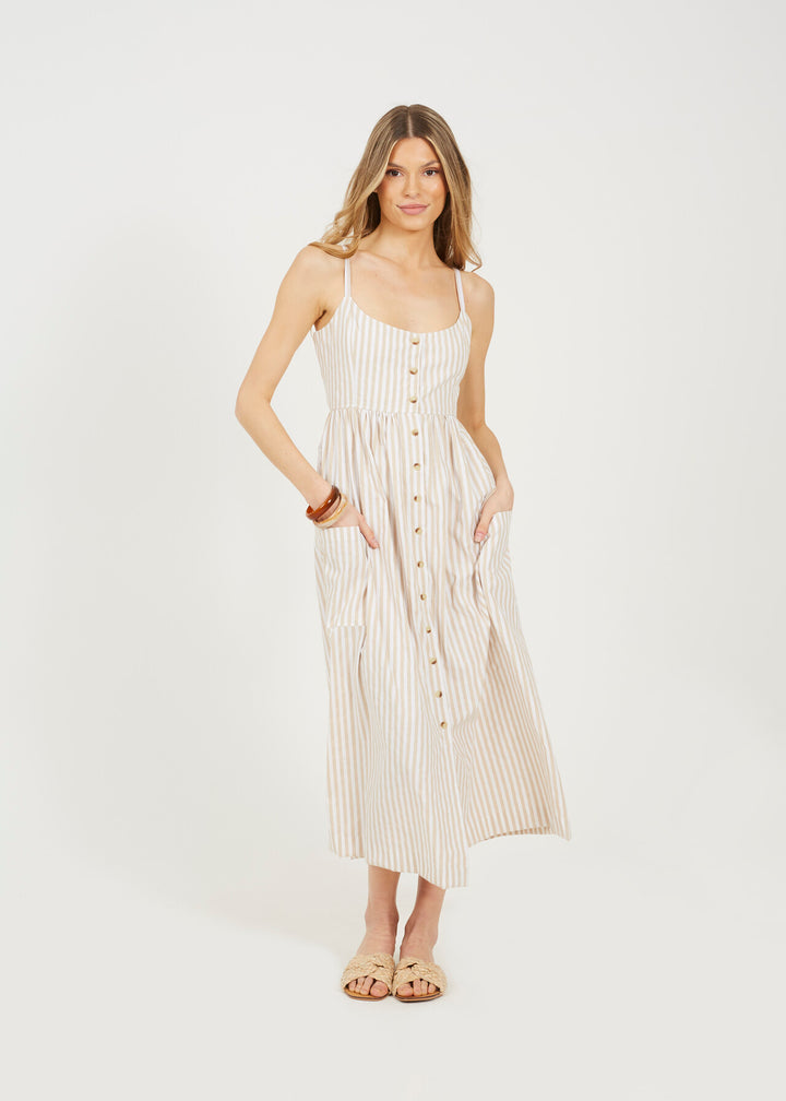 STRAPPY BUTTON DOWN STRIPE MIDI DRESS