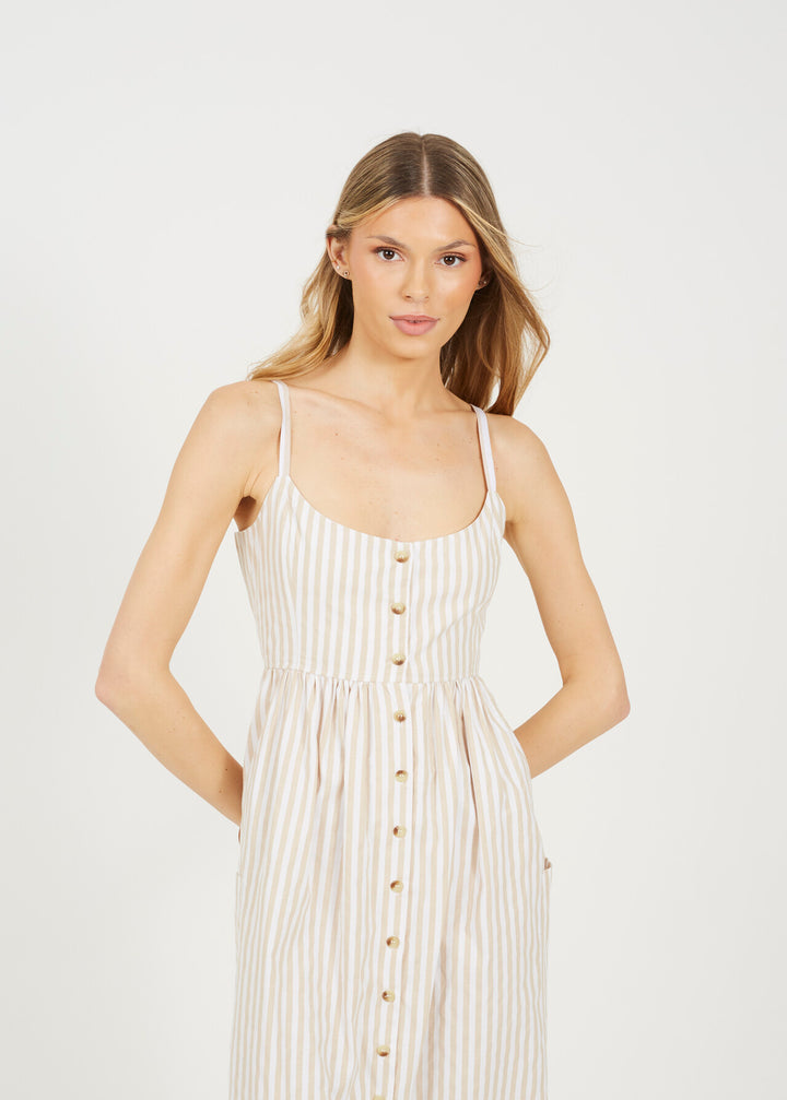 STRAPPY BUTTON DOWN STRIPE MIDI DRESS