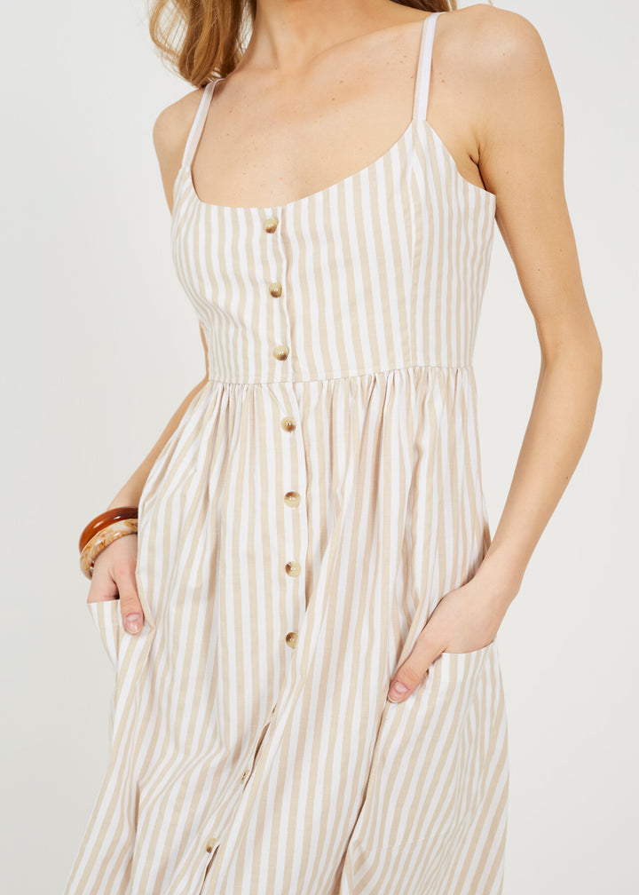 STRAPPY BUTTON DOWN STRIPE MIDI DRESS