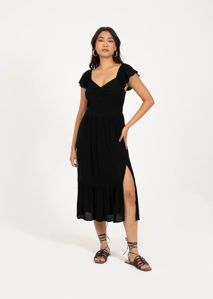 BUSTIER DESIGN MIDI DRESS, BLACK