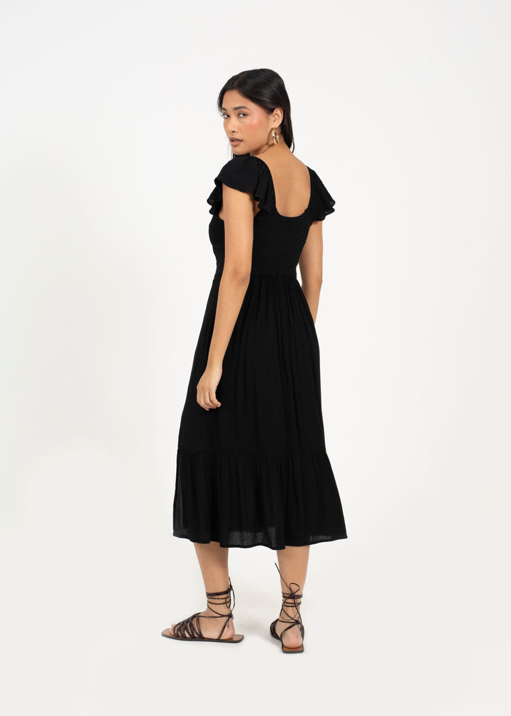BUSTIER DESIGN MIDI DRESS, BLACK