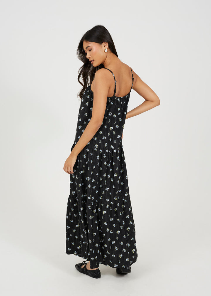 STRAPPY FLORAL PRINTED TIERED MIDI DRESS