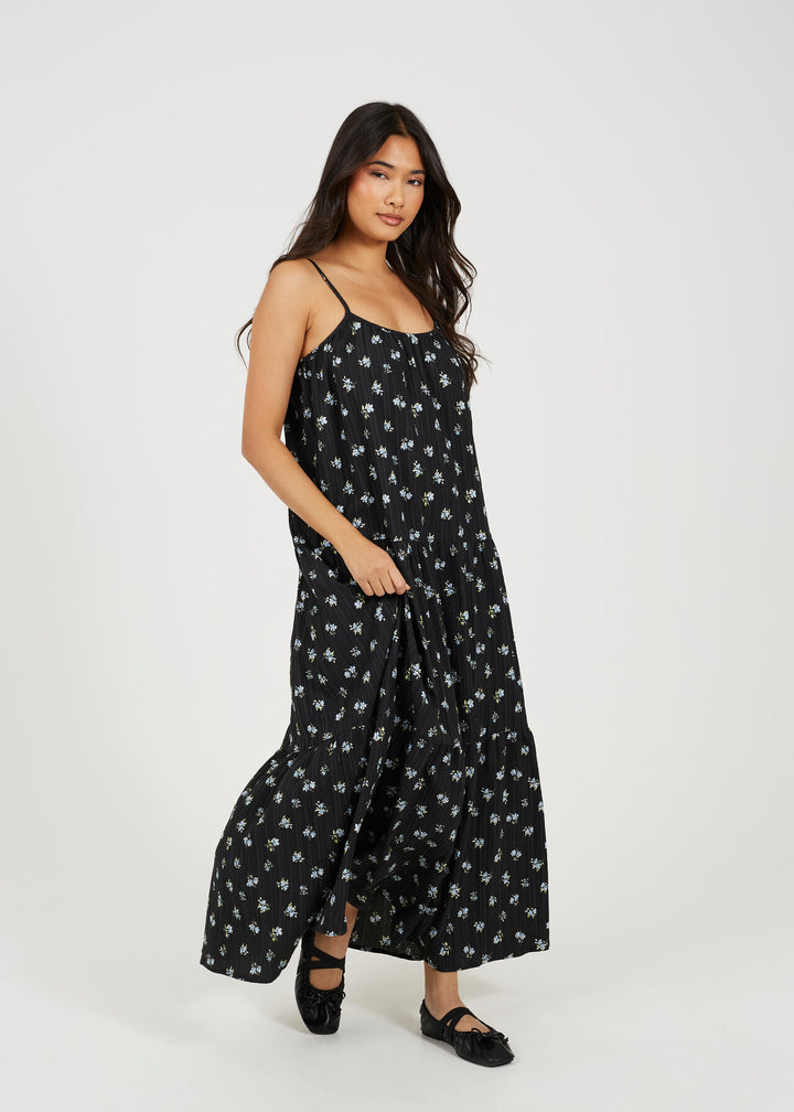 STRAPPY FLORAL PRINTED TIERED MIDI DRESS