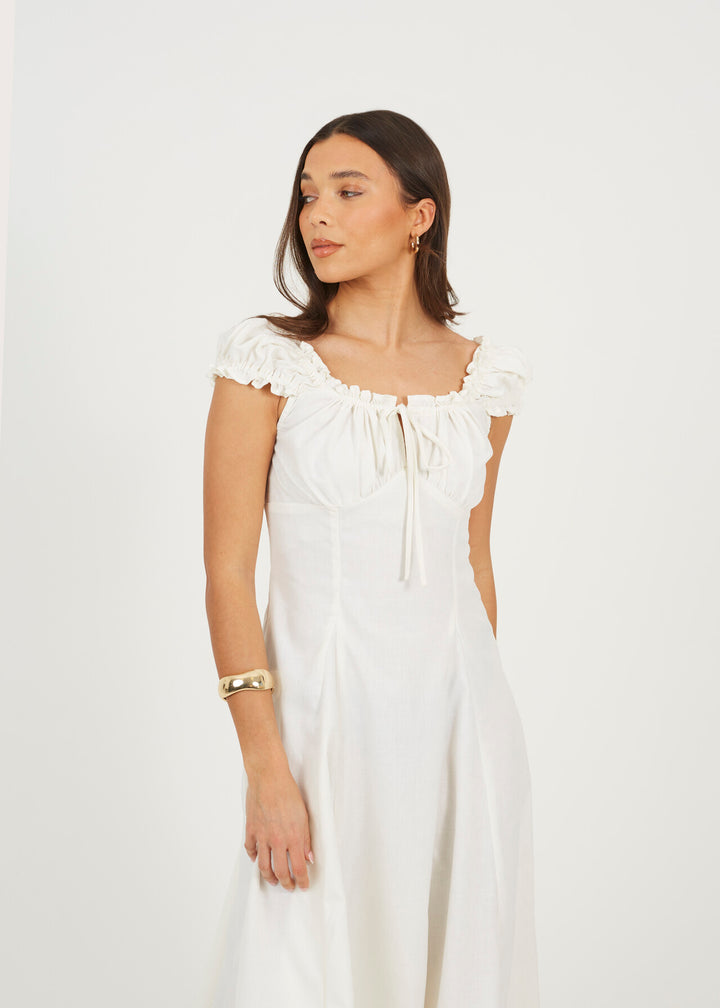 RUCHED PANELED MIDI DRESS