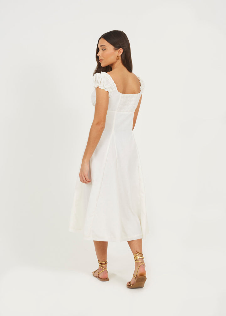RUCHED PANELED MIDI DRESS