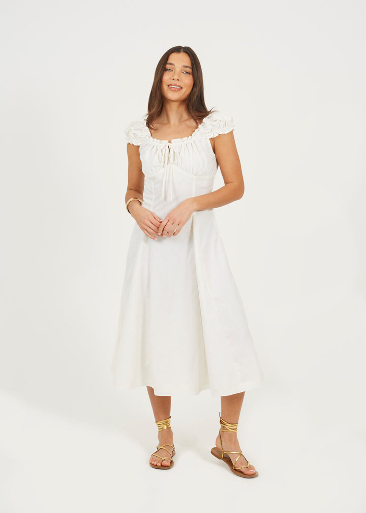 RUCHED PANELED MIDI DRESS