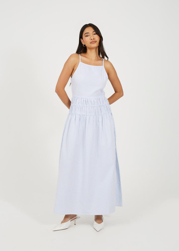 STRIPE MAXI DRESS WITH SHEERED WAIST