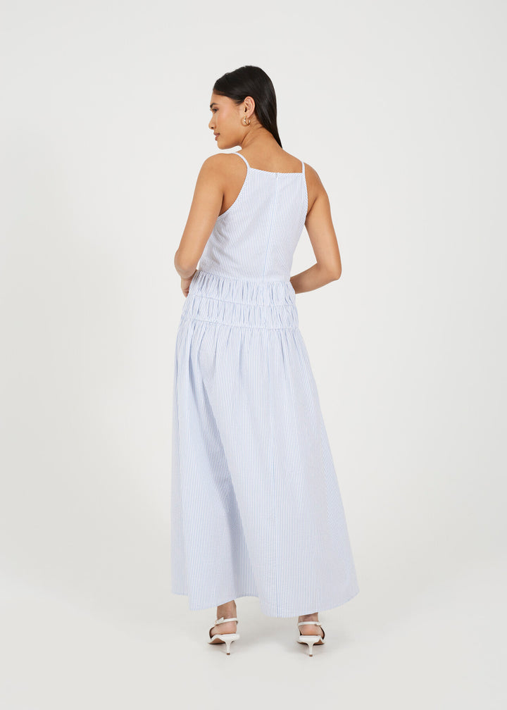 STRIPE MAXI DRESS WITH SHEERED WAIST