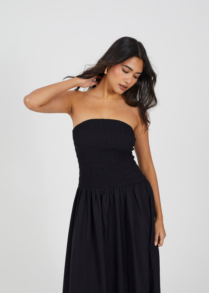 STRAPLESS SHEERING MIDI DRESS, BLACK