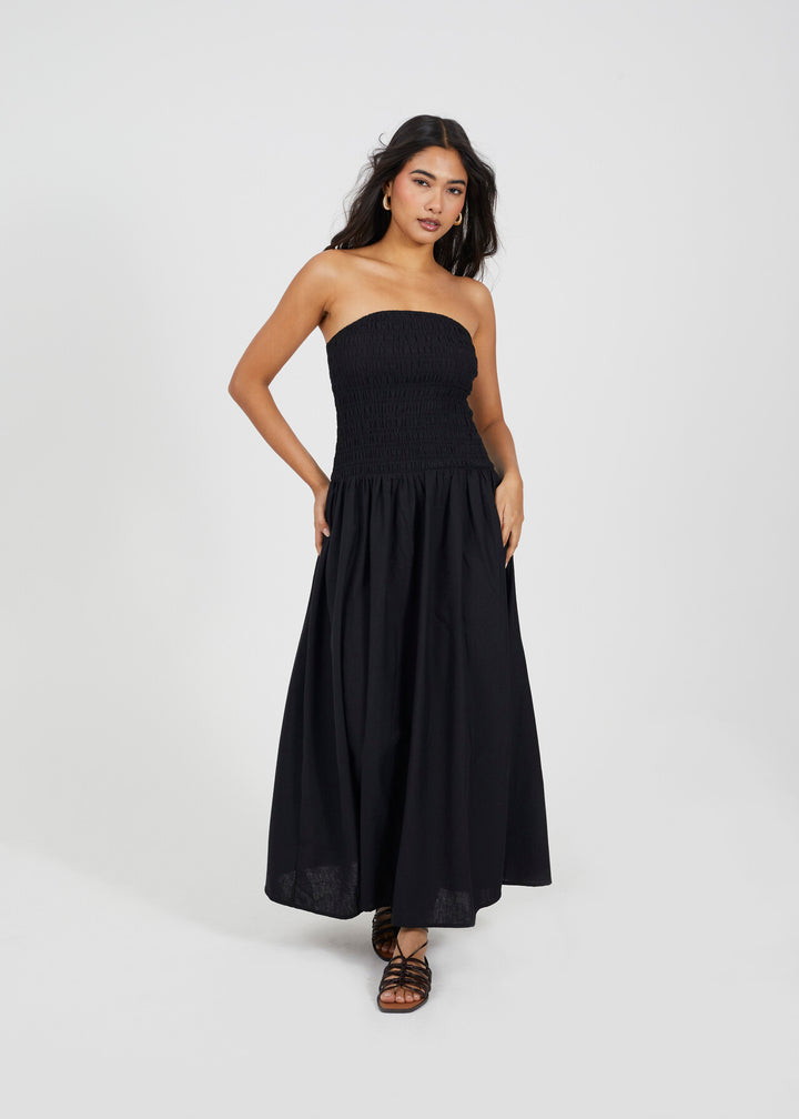 STRAPLESS SHEERING MIDI DRESS, BLACK