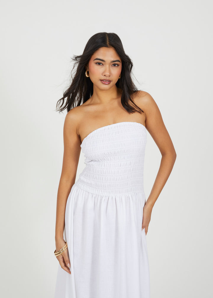 STRAPLESS SHEERING MIDI DRESS, WHITE