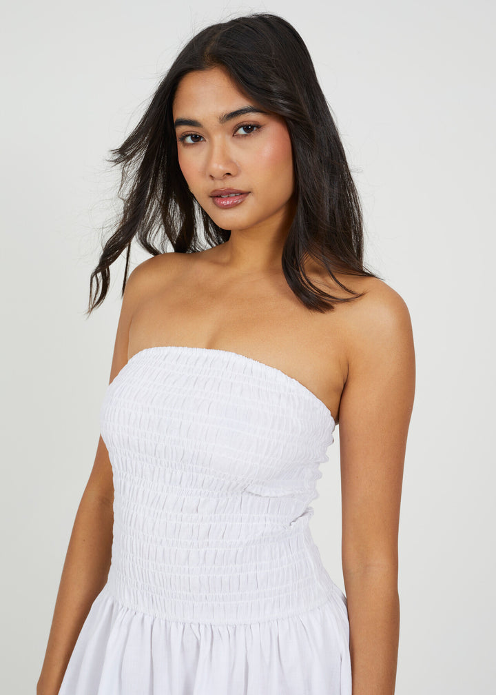 STRAPLESS SHEERING MIDI DRESS, WHITE