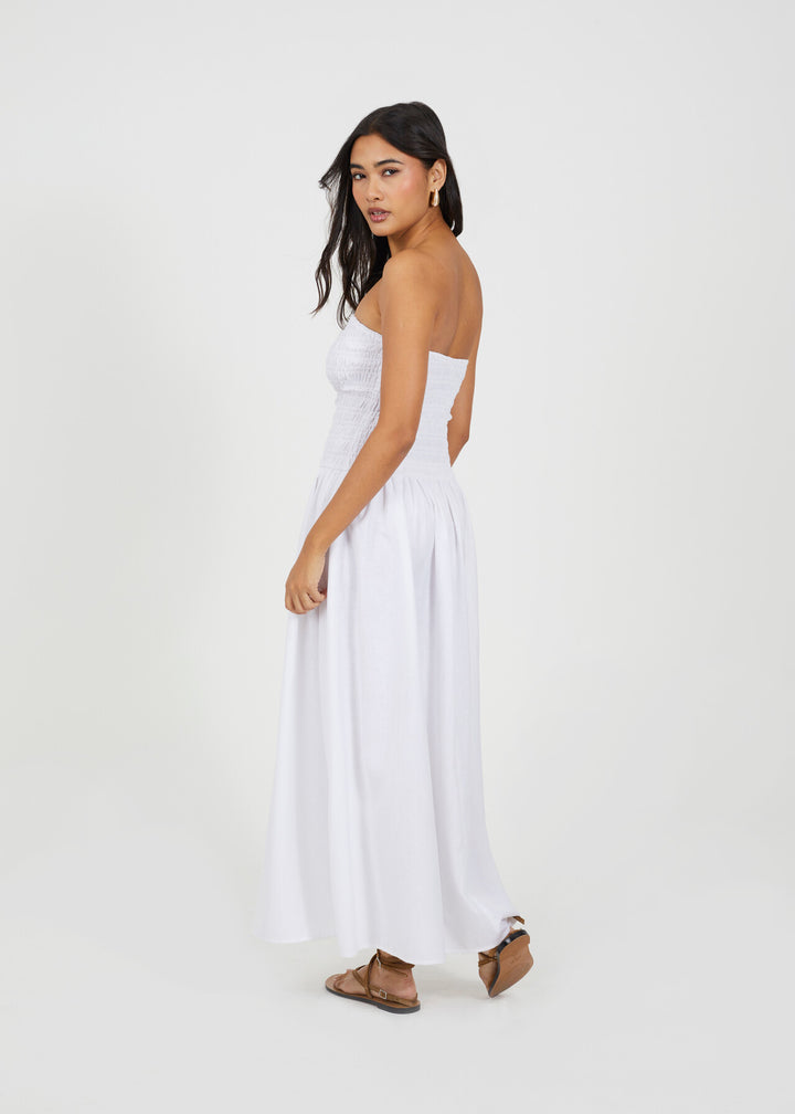 STRAPLESS SHEERING MIDI DRESS, WHITE