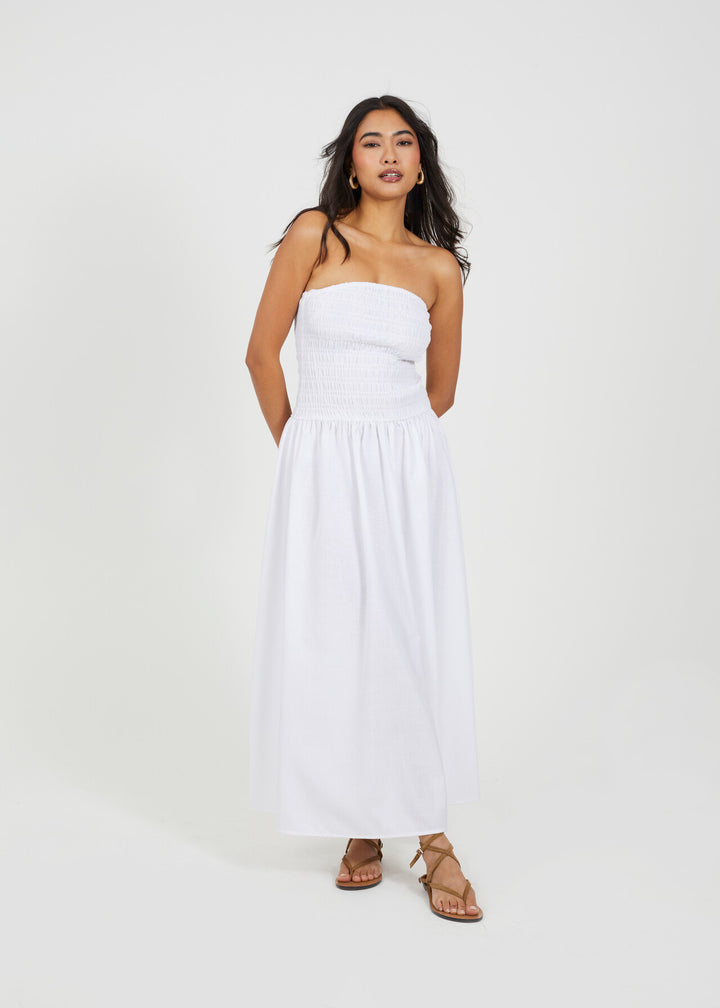 STRAPLESS SHEERING MIDI DRESS, WHITE