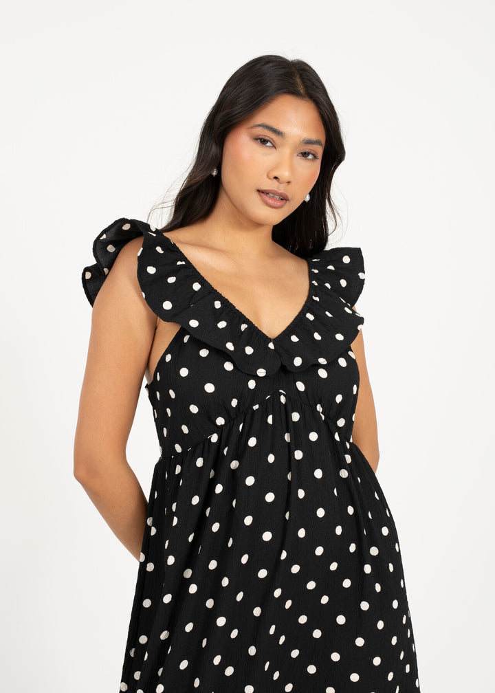 V NECK POLKA DOT MAXI DRESS WITH FRILL SLEEVE, BLACK