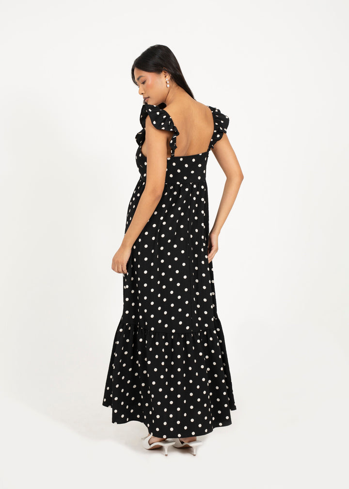 V NECK POLKA DOT MAXI DRESS WITH FRILL SLEEVE, BLACK