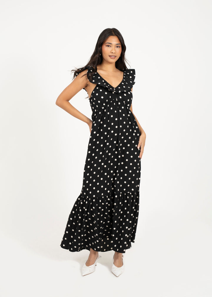 V NECK POLKA DOT MAXI DRESS WITH FRILL SLEEVE, BLACK