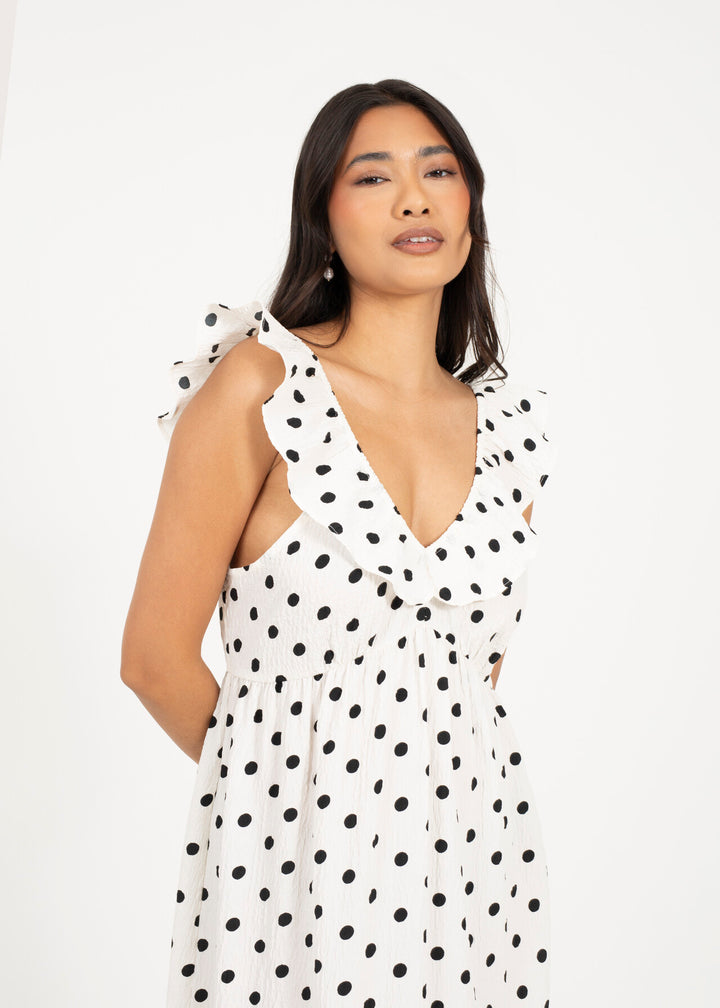 V NECK POLKA DOT MAXI DRESS WITH FRILL SLEEVE, WHITE