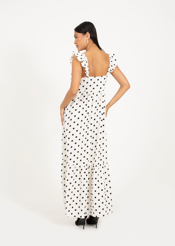 V NECK POLKA DOT MAXI DRESS WITH FRILL SLEEVE, WHITE