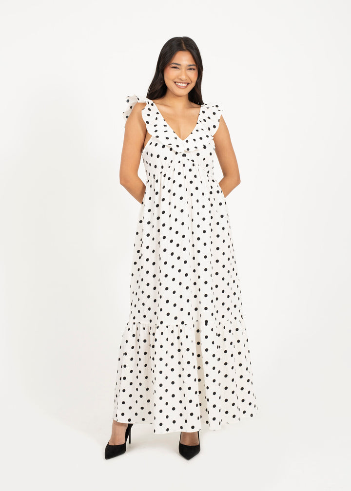 V NECK POLKA DOT MAXI DRESS WITH FRILL SLEEVE, WHITE