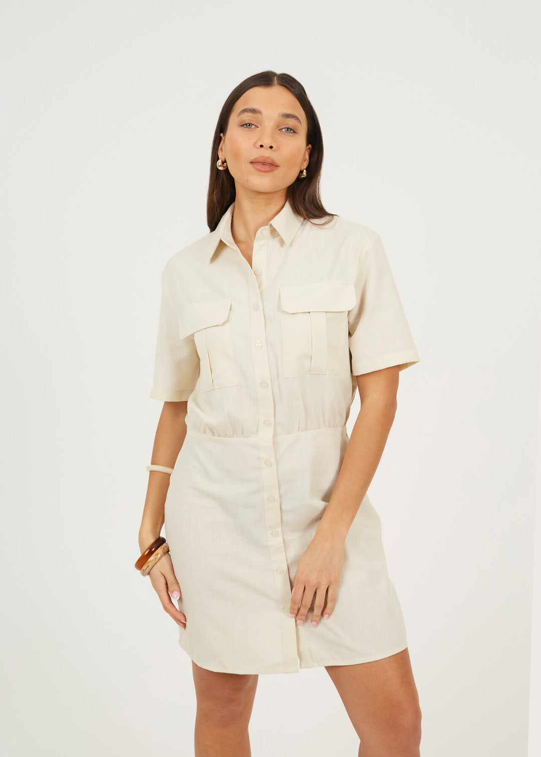 BUTTON DOWN COLLARED MINI SHIRT DRESS, NATURAL