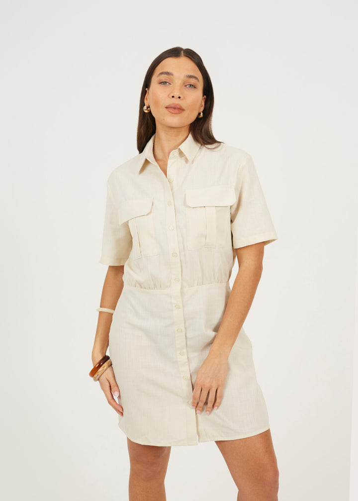 BUTTON DOWN COLLARED MINI SHIRT DRESS, NATURAL