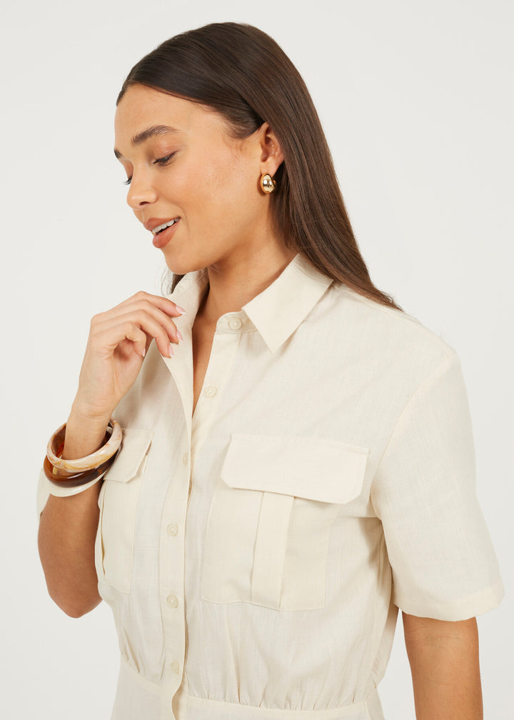 BUTTON DOWN COLLARED MINI SHIRT DRESS, NATURAL