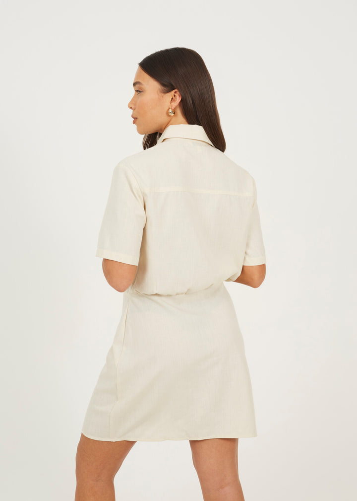 BUTTON DOWN COLLARED MINI SHIRT DRESS, NATURAL