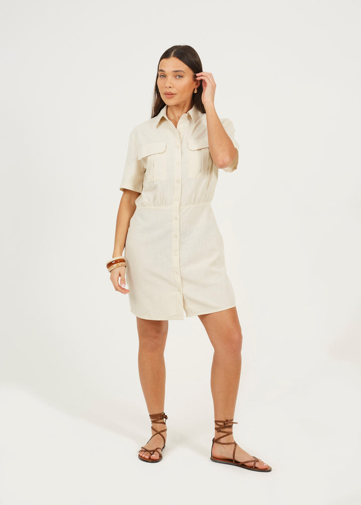 BUTTON DOWN COLLARED MINI SHIRT DRESS, NATURAL