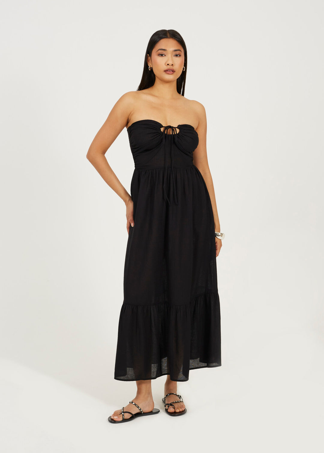 TIERED HALTERNECK MULTIWAY MIDI DRESS, BLACK