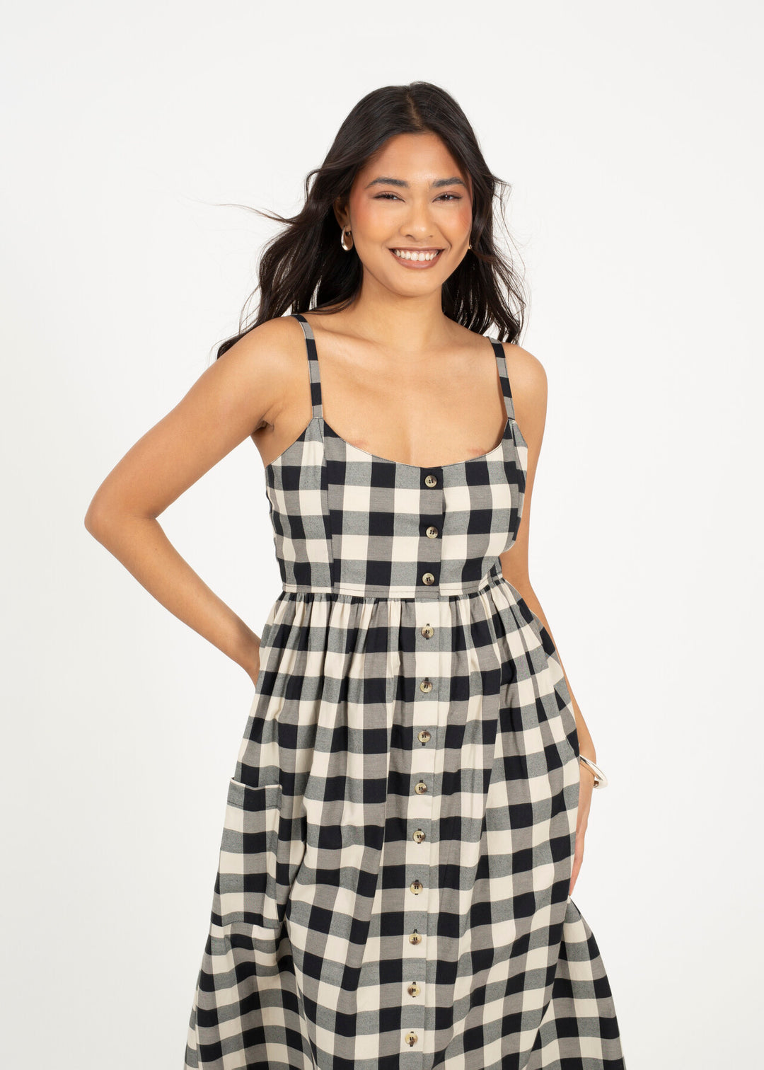 BUTTON DOWN STRAPPY PLAID MINI DRESS, CREAM