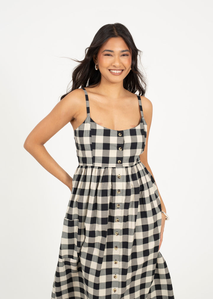 BUTTON DOWN STRAPPY PLAID MINI DRESS, CREAM