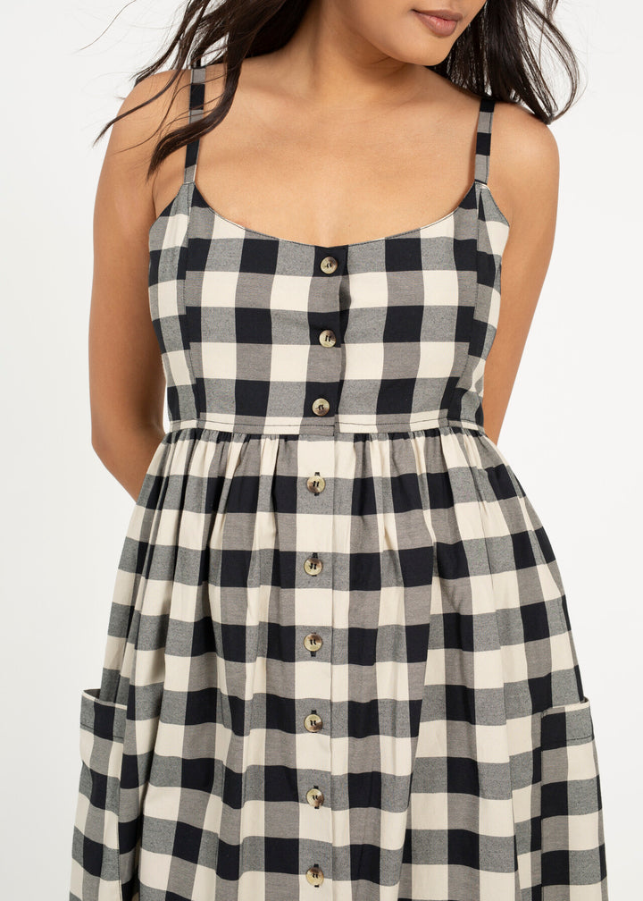 BUTTON DOWN STRAPPY PLAID MINI DRESS, CREAM