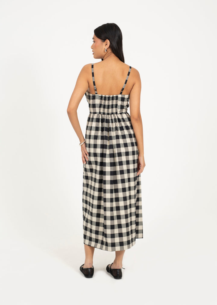 BUTTON DOWN STRAPPY PLAID MINI DRESS, CREAM