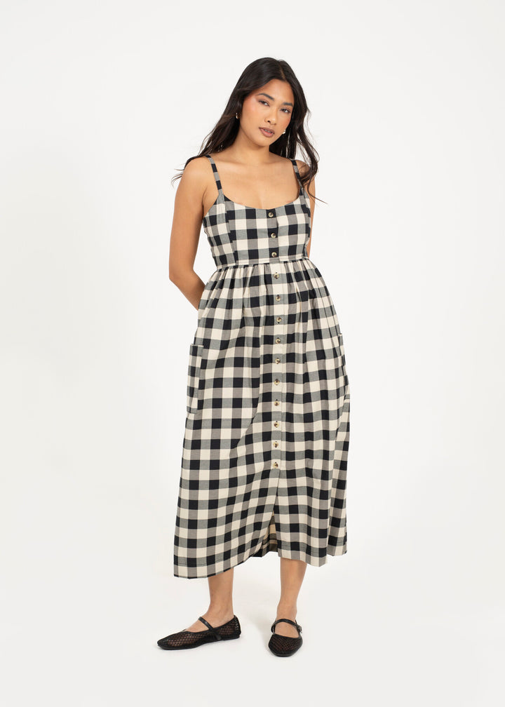 BUTTON DOWN STRAPPY PLAID MINI DRESS, CREAM