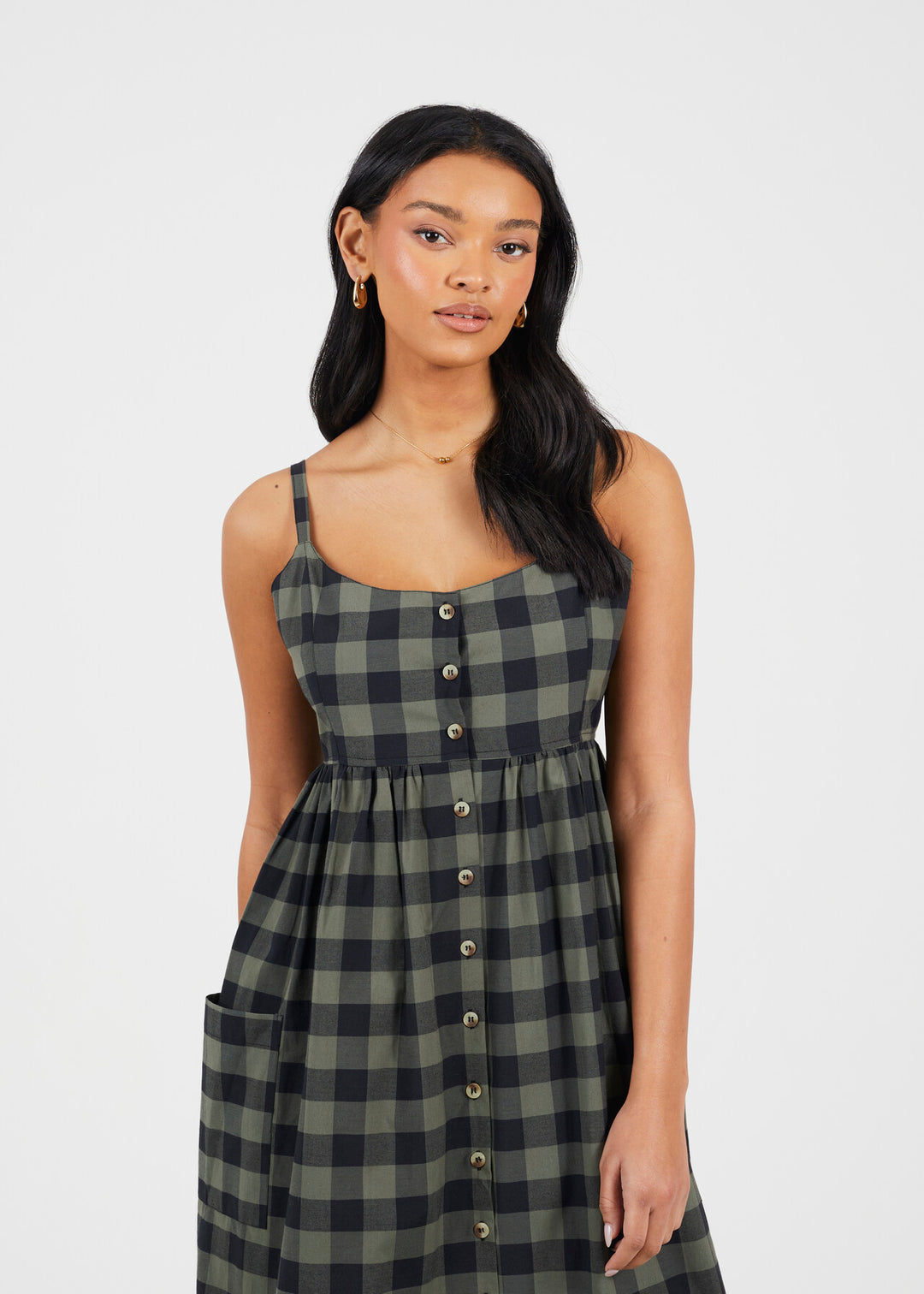 BUTTON DOWN STRAPPY PLAID MINI DRESS, KHKAI