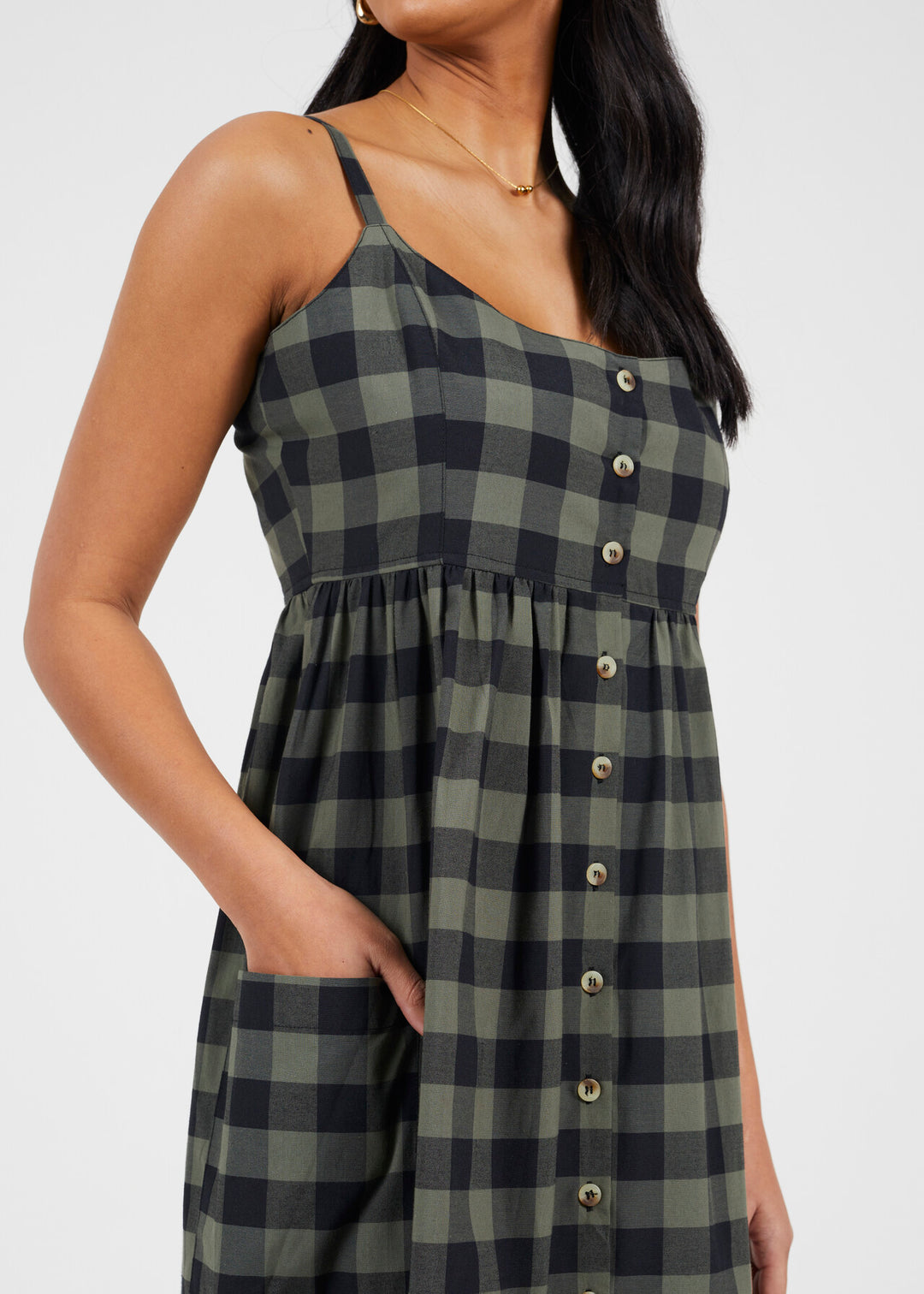 BUTTON DOWN STRAPPY PLAID MINI DRESS, KHKAI