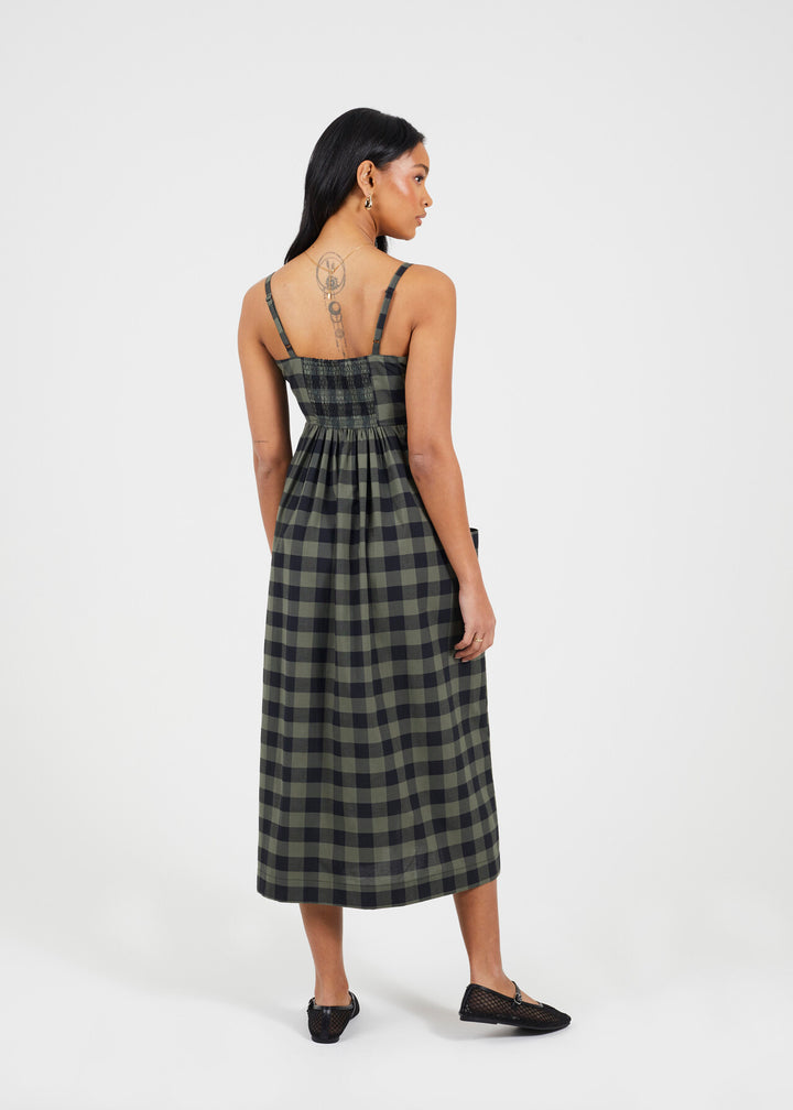 BUTTON DOWN STRAPPY PLAID MINI DRESS, KHKAI