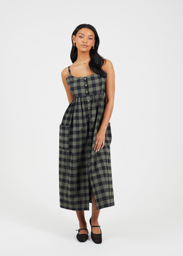 BUTTON DOWN STRAPPY PLAID MINI DRESS, KHKAI